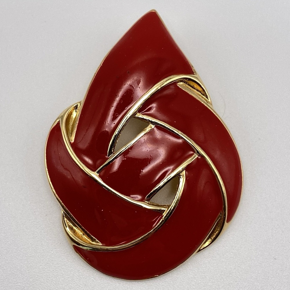 Unsigned Metal Enamel Pendant Vintage Abstract Red Gold Tone 2"